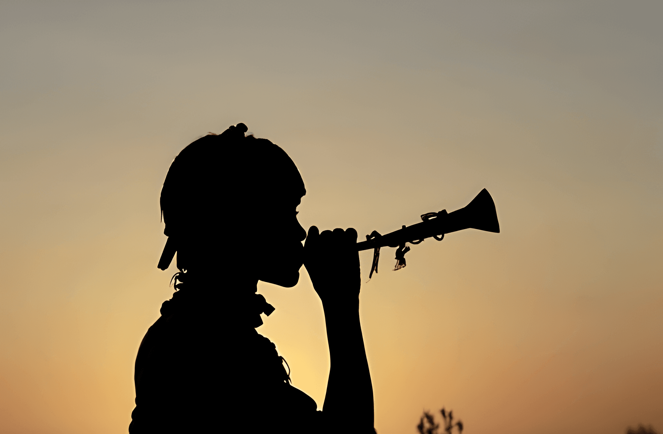 Silhouette of a person with a horn at sunset